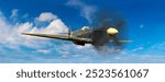 World War Two British Spitfire fighter plane flying in blue sky in a sunny day