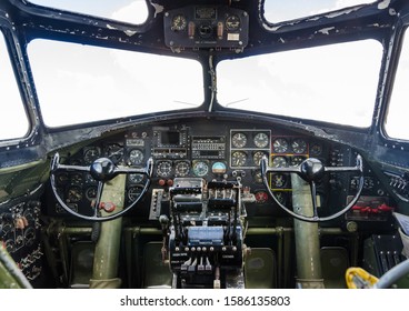 World War Two Heavy Bomber Cockpit With Instrument Panel And Flight Controls