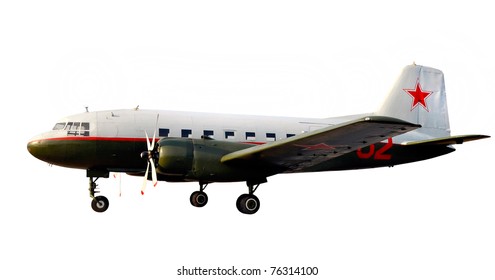 World War Two Lend-lease Retro Propeller Airplane Dc-3 Or Li-2 Isolate Over White With Sunset Shine