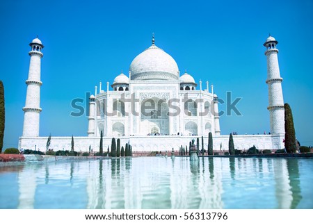 World wonder Taj Mahal in soft daily light with clear blue sky