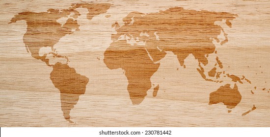 Worldmap On Texture Of Wood Background