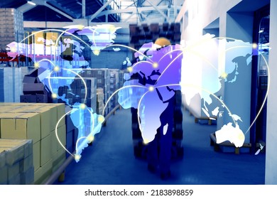 Worldwide Logistics. Worker Moving Wooden Pallets With Manual Forklift In Warehouse And Illustration Of Map