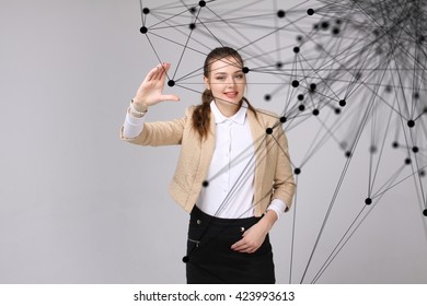 Worldwide network or wireless internet connection futuristic concept. Woman working with linked dots.