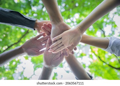 Worm's Eye View Of People Putting Their Hands Together. Stack Of Hands. Unity And Teamwork Concept. Team Putting Their Hands Together In Circle.