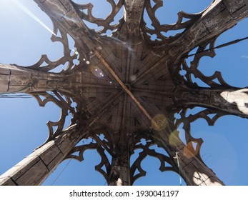 Worms Eye View Perspective Of Symmetrical Tower Structure On Top Of Basilica Del Voto Nacional In Historical Old City Center Of Quito Pichincha, Ecuador South America