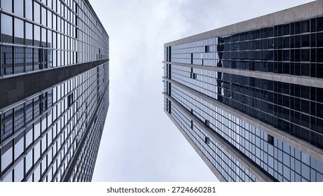 A worm's-eye view looking straight up between two modern corporate skyscrapers with glass facades. The converging perspective creates a sense of height and ambition, typical of a financial district in São Paulo, Brazil