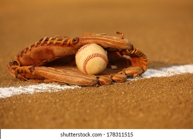 Worn Baseball In A Glove In The Infield