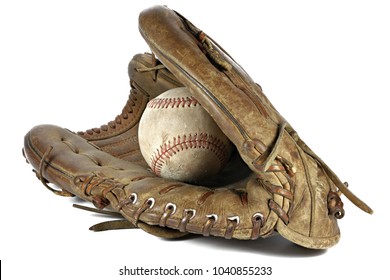 Worn Baseball And Glove Isolated On White Background