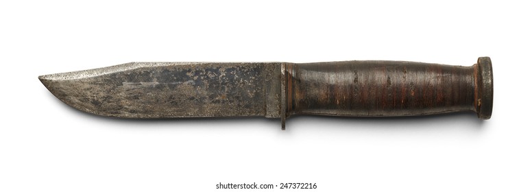 Worn Buck Knife Side View Isolated On White Background.