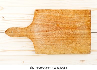 Worn Butcher Block Cutting Plate And Chopping Wooden Board As Background. Wood Texture, Top View