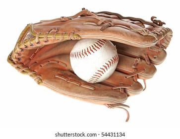 A Worn Leather Baseball Glove Holding A Baseball