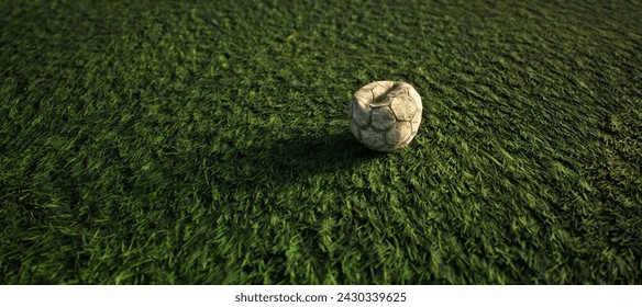 Worn old football on artificial grass. Lit by sunlight. - Powered by Shutterstock