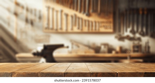 Worn old wooden table and workshop interior. Retro vintage photo of background and mockup. Sun light and dark shadows. 