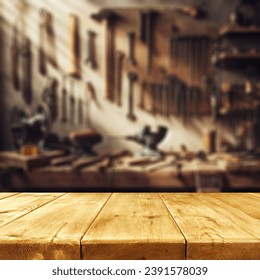 Worn old wooden table and workshop interior. Retro vintage photo of background and mockup. Sun light and dark shadows. 