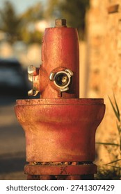 A worn red fire hydrant with visible rust stands near a stone wall and greenery in a city street, captured with shallow depth of field and a calm atmosphere.