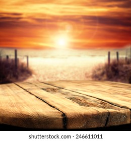 Worn Table Space And Sunset With Beach 