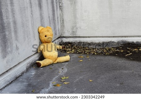 Worn vintage teddy bear left leaning against a concrete wall next to fallen leaves. Abandoned. Where was Ted Left. Bryanston, South Africa 2023-05-08