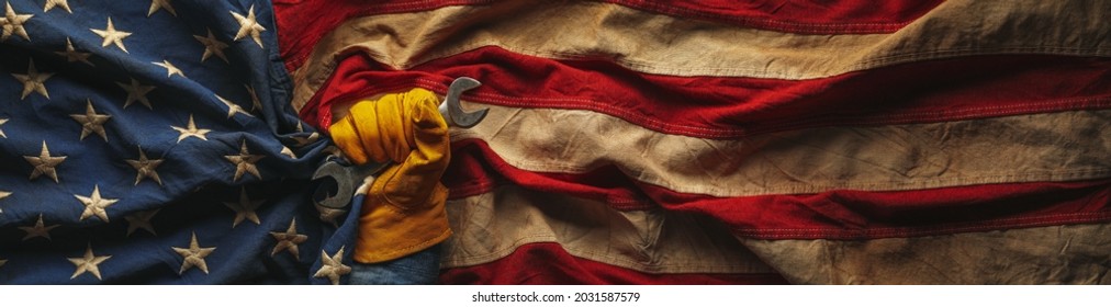 Worn Work Glove Holding Wrench Tool And Gripping Old Worn US American Flag. Made In USA, American Workforce, Blue Collar Worker, Or Labor Day Concept.