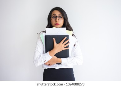 Worried Business Woman Holding Folder And Papers