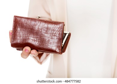 Worried Elderly Woman With Empty Wallet