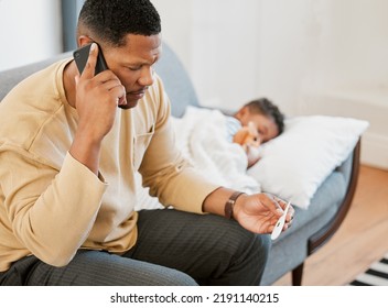 Worried Father Concerned, Caring For Sick Son Calling A Doctor And Taking Temperature Check Of His Sleeping Kid At Home. Parent Consulting With Professional And Taking Care Of Child With Fever