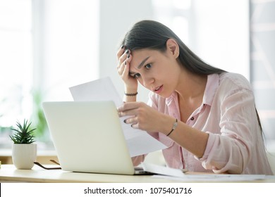 Worried frustrated woman shocked by bad news or rejection reading letter, stressed girl troubled with financial problem, domestic bills or debt, millennial student upset by failed test notification