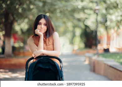 Worried New Mother Walking Baby In Stroller