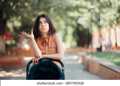 Worried New Mother Walking Baby In Stroller