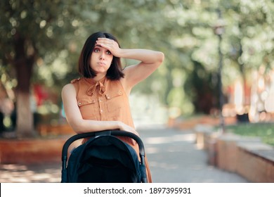 Worried New Mother Walking Baby In Stroller