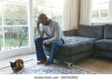 Worried, Sad African American Man Thinking, Sitting On Couch Holding Head In Living Room With Cat. Spending Time Alone At Home.