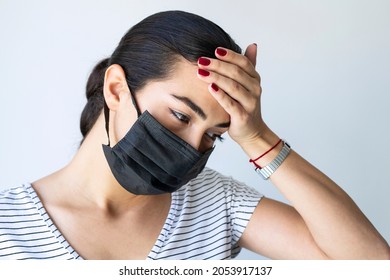 Worried, Scare, Panicked Woman In Medical Mask, Concerned About Viral Pandemic Illness, Paranoid Of Pandemic.