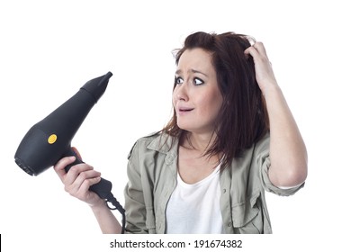 Worried Woman Holding Hair Dryer