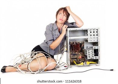 Worried Woman Thinking To Find Solution To Repair Computer