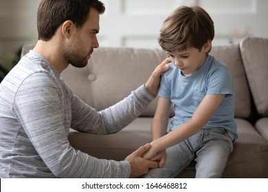 Worried young father holding hand of stressed little kid son, giving psychological help at home. Compassionate kind daddy supporting depressed offended small boy suffering from school bullying. - Powered by Shutterstock