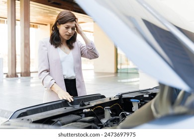 Worried young woman in business attire examining her car engine, feeling frustrated with sudden vehicle breakdown in parking lot - Powered by Shutterstock