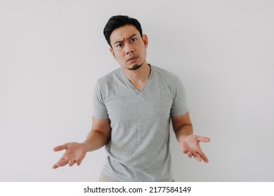 Worries Face Expression Of Asian Man Who Got Problem Isolated On White.