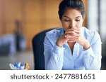 Worry, thinking and business woman in office with stress for problem solving, solution and career. Professional, corporate and frustrated, stressed out and anxious person for mistake, fail or burnout