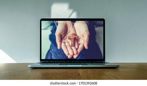 Worship From Home, Online Live Church For Sunday Service, Laptop Screen With Close Up Prayer Hands