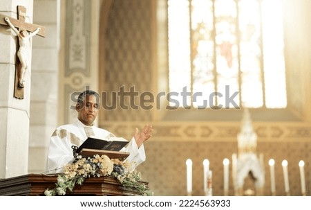 Worship, speech and prayer with priest in church for Christian, God and spiritual faith sermon. Bible, service and religion with Catholic pastor at pulpit speaking for gospel, Holy spirit or preacher