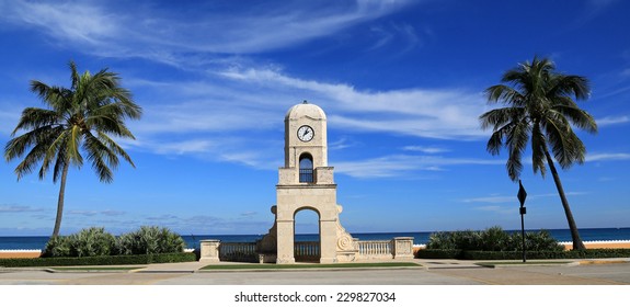 The Worth Avenue Clock Tower On Palm Beach, On The Old Ocean Boulevard, And Entrance To The Beach And Atlantic Ocean