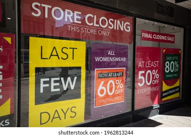 Worthing, West Sussex, UK. April 23 2021. Debenhams Store On South Street, Worthing,  Advertises Its Store Closing Sale After The Third English Lockdown Ends. Department Stores Hard Hit By Lockdown.