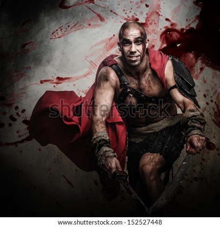 Wounded gladiator attacking with two swords