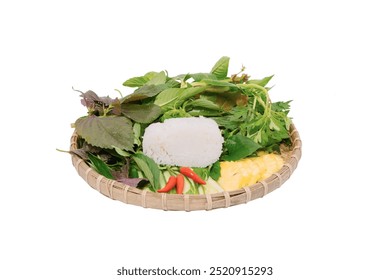  a woven basket filled with fresh herbs, vegetables, and a block of rice. The variety and freshness of the ingredients are visually appealing. - Powered by Shutterstock