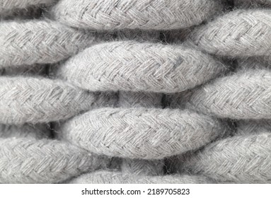 Woven Basket Pattern, Close Up. Macro Of Light Grey Large Weaving Pattern Made Of Woven Cotton Rope. Textile Background Texture Or Surface. Selective Focus. 