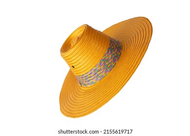 Woven hat made from bamboo. the color of the wood is dyed orange. Very popular for sun protection for farmers in agricultural work. On white background.