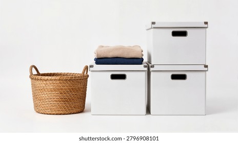Woven laundry basket and stack of white storage boxes with folded sweaters for home organization and closet storage solution advertising