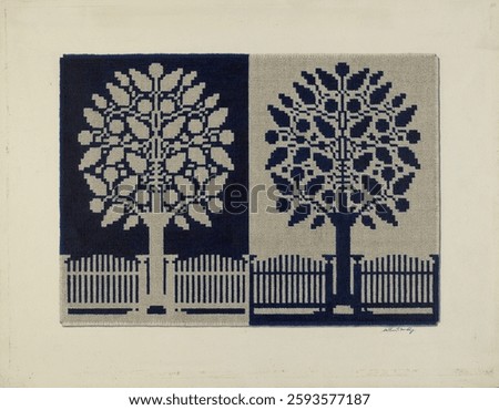 A woven textile design featuring two stylized trees and fences in contrasting black and white. The symmetrical trees and fences create a balanced, artistic pattern. Vintage art pattern.