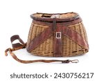 Woven vintage fishing creel basket with leather straps