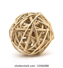 Woven wickerwork ball made from bamboo, reed or willow isolated against white background.