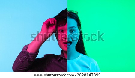 Wow, astonished. Collage of two halves of young people faces, man and woman over neon backgrounds. Concept of human emotions, facial expressions, mood.